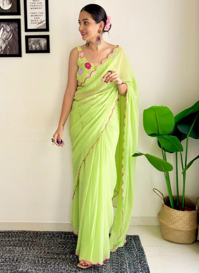 Georgette Mint Green Casual Wear Embroidery Work Saree